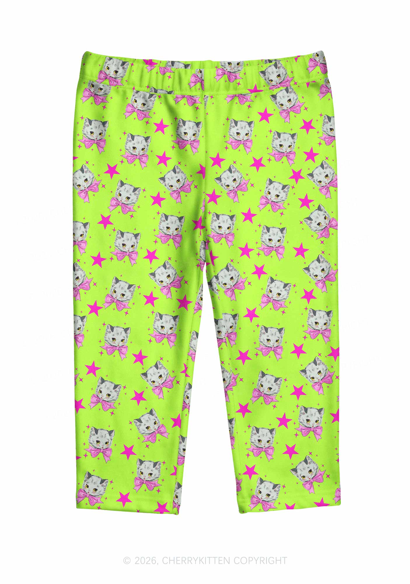 Pink Bow Cats Star Y2K Print Capri Pants Cherrykitten