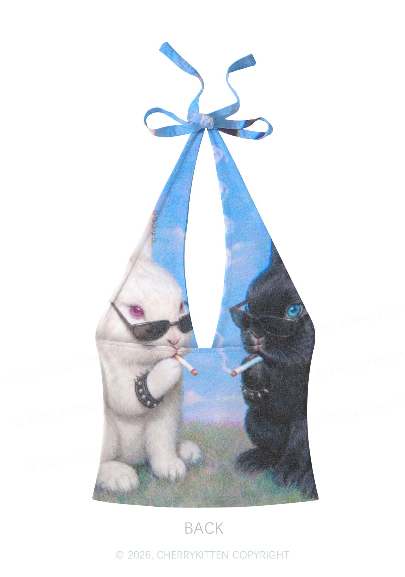 Smoking Punk Bunny Y2K Print Halter Deep V Neck Cami Cherrykitten