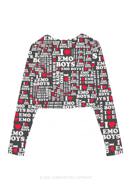 I Love Emo Boys Y2K Mesh Long Sleeve Crop Top Cherrykitten