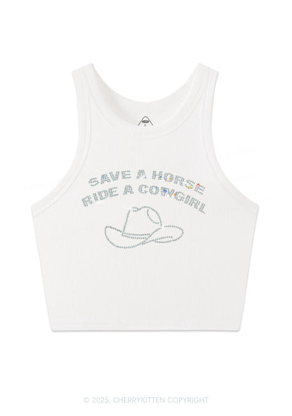 Rhinestone Save Horse Ride Cowgirl Y2K Crop Tank Top Cherrykitten