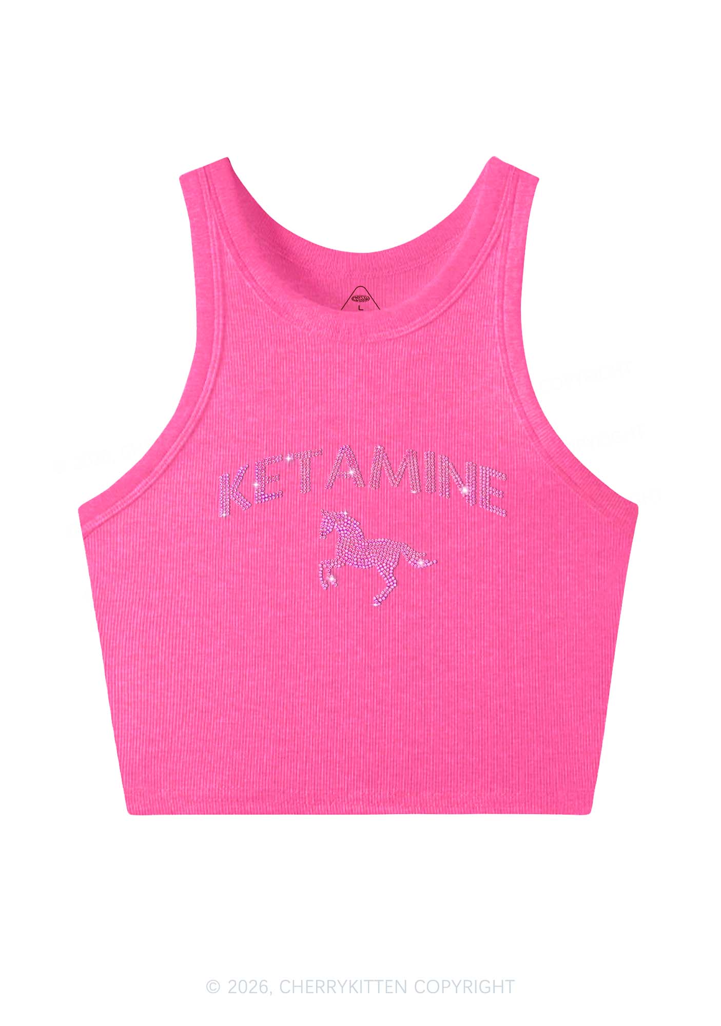 Rhinestone Pink K Unicorn Y2K Crop Tank Top Cherrykitten