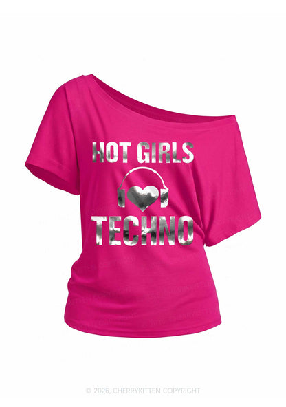 Hot Girls Love Techno Silver Foil Printed Y2K Off Shoulder Tee Cherrykitten