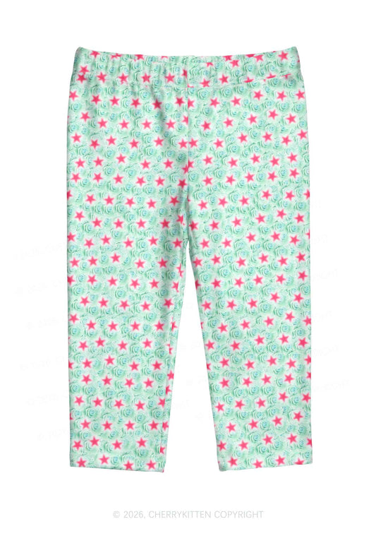 Mint Green Rose Pink Star Y2K Print Capri Pants Cherrykitten