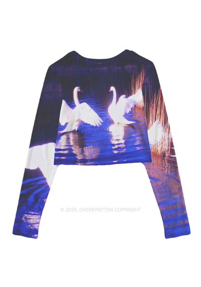Swans on Water Y2K Mesh Long Sleeve Crop Top Cherrykitten