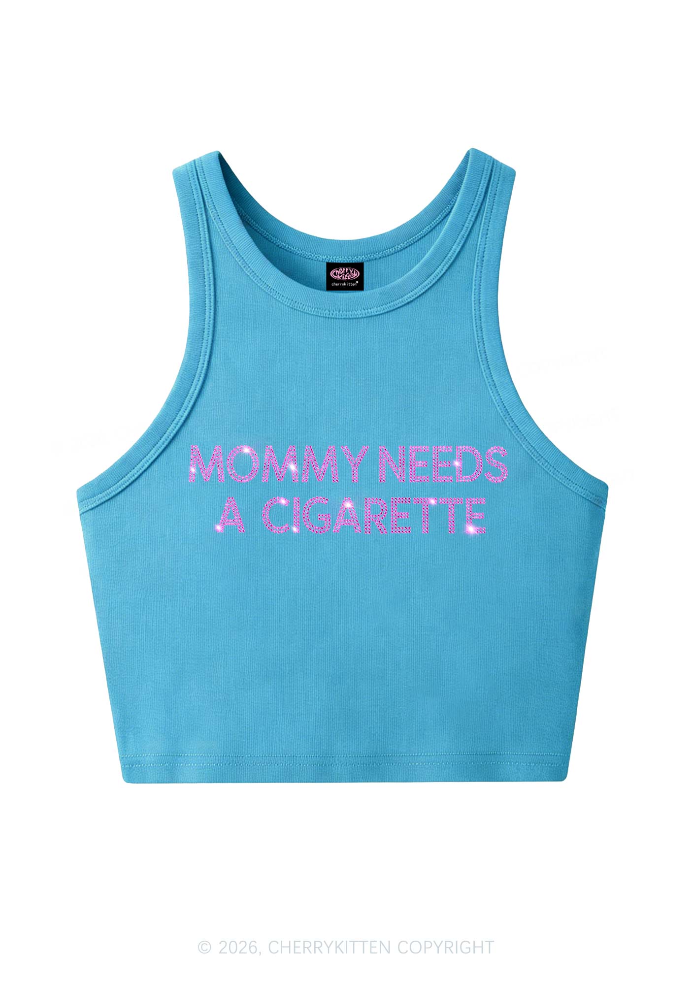 Rhinestone Mommy Needs Cigarette Y2K Crop Tank Top Cherrykitten