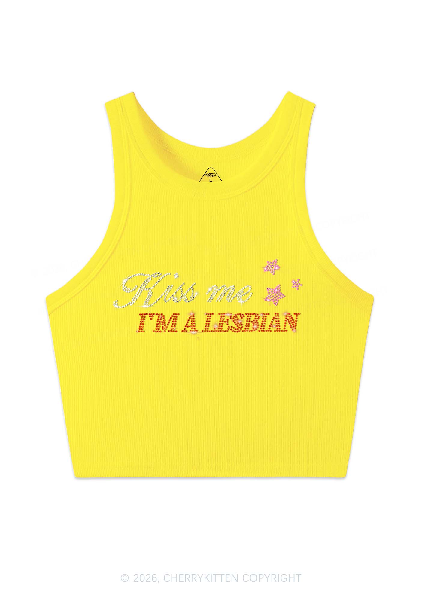 Rhinestone Kiss Me Im A Lesbian Pride Y2K Crop Tank Top Cherrykitten