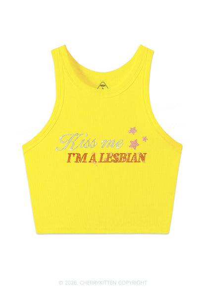 Rhinestone Kiss Me Im A Lesbian Pride Y2K Crop Tank Top Cherrykitten