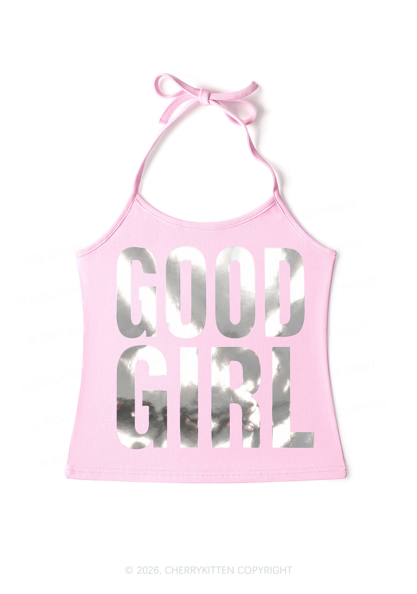 Good Girl Silver Foil Printed Y2K Halter Neck Cami Cherrykitten