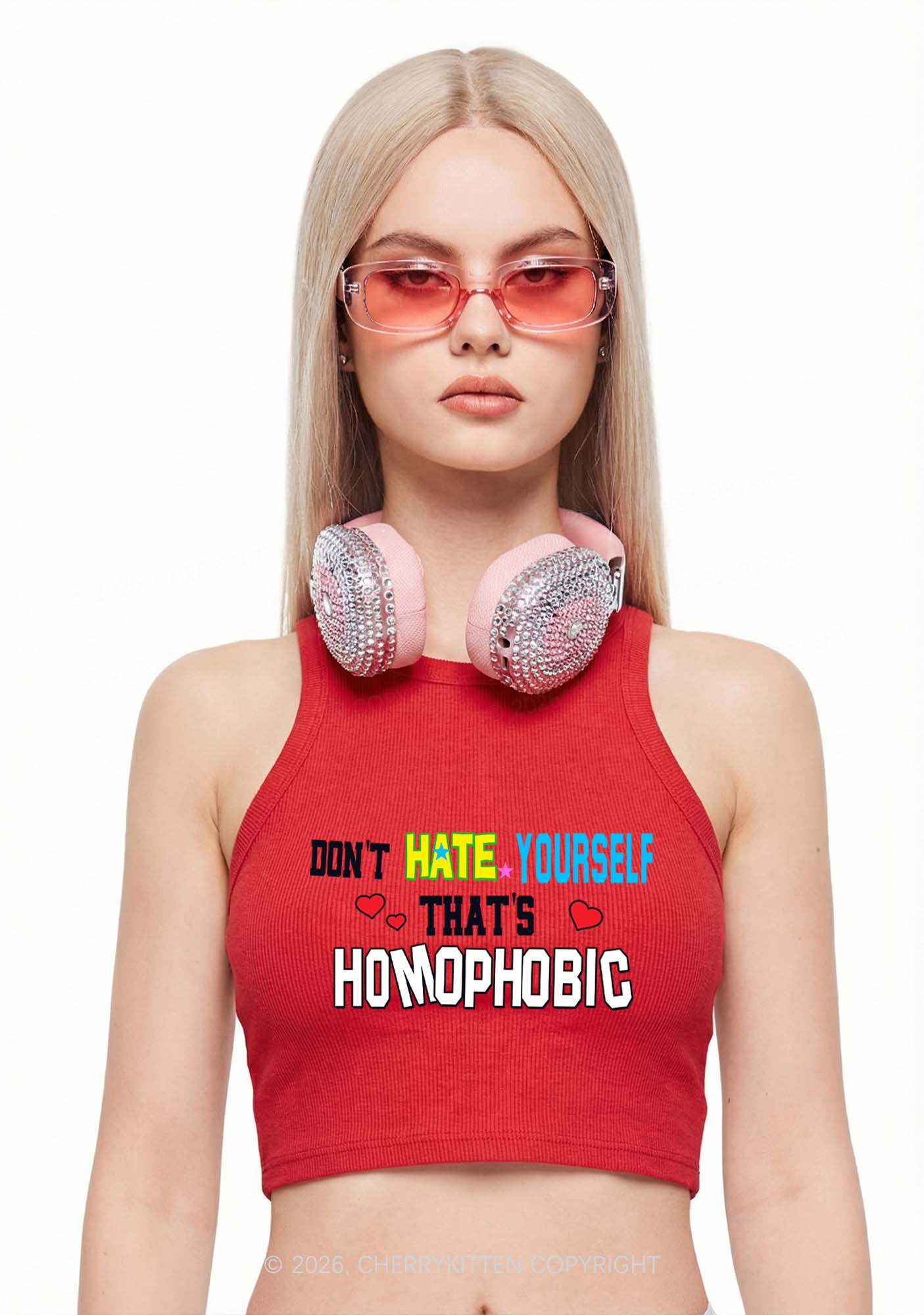 Hate Yourself Thats Homophobic Pride Y2K Crop Tank Top Cherrykitten