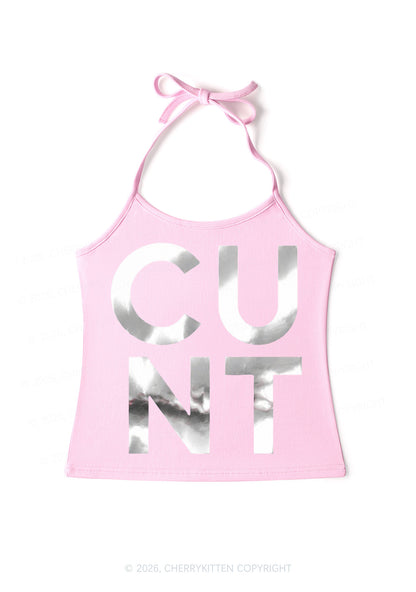 Cxxt Silver Foil Printed Y2K Halter Neck Cami Cherrykitten