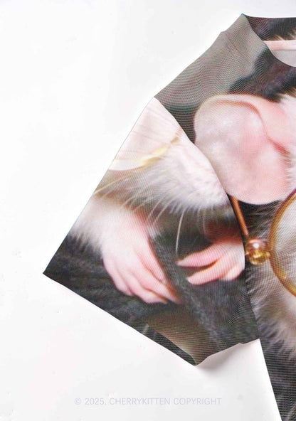 Glasses Rat Y2K Mesh Crop Top Cherrykitten