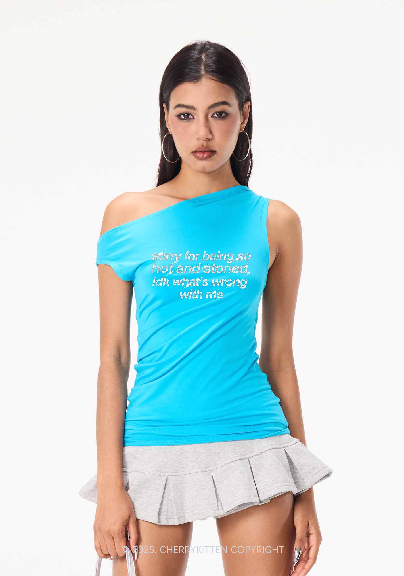 Rhinestone Sorry For Being Hot And Stoned Y2K Off Shoulder Tank Top Cherrykitten