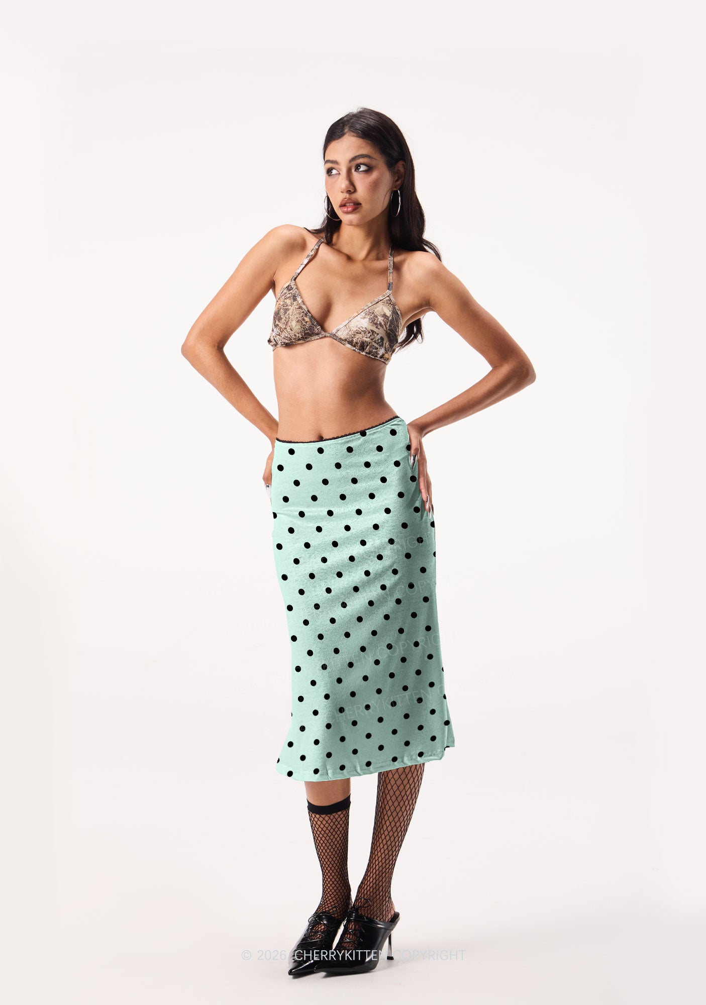 Black Dots On Mint Green Y2K Print Midi Skirt Cherrykitten
