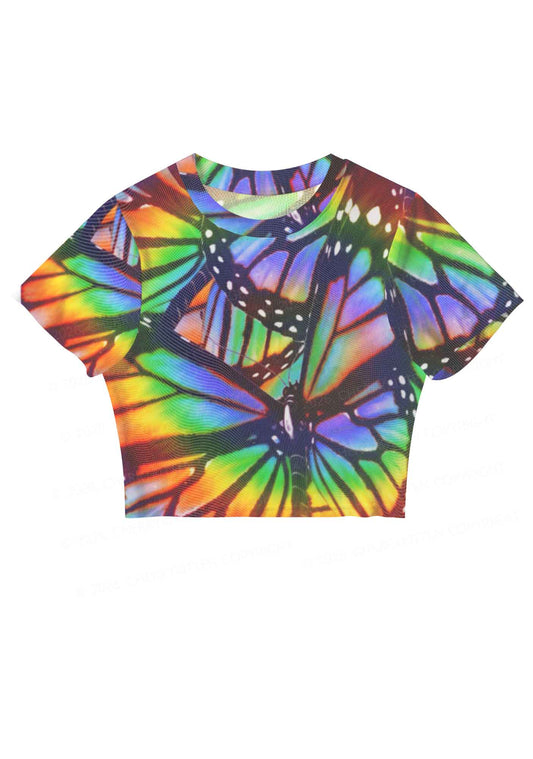 Rainbow Butterfly Y2K Mesh Crop Top Cherrykitten