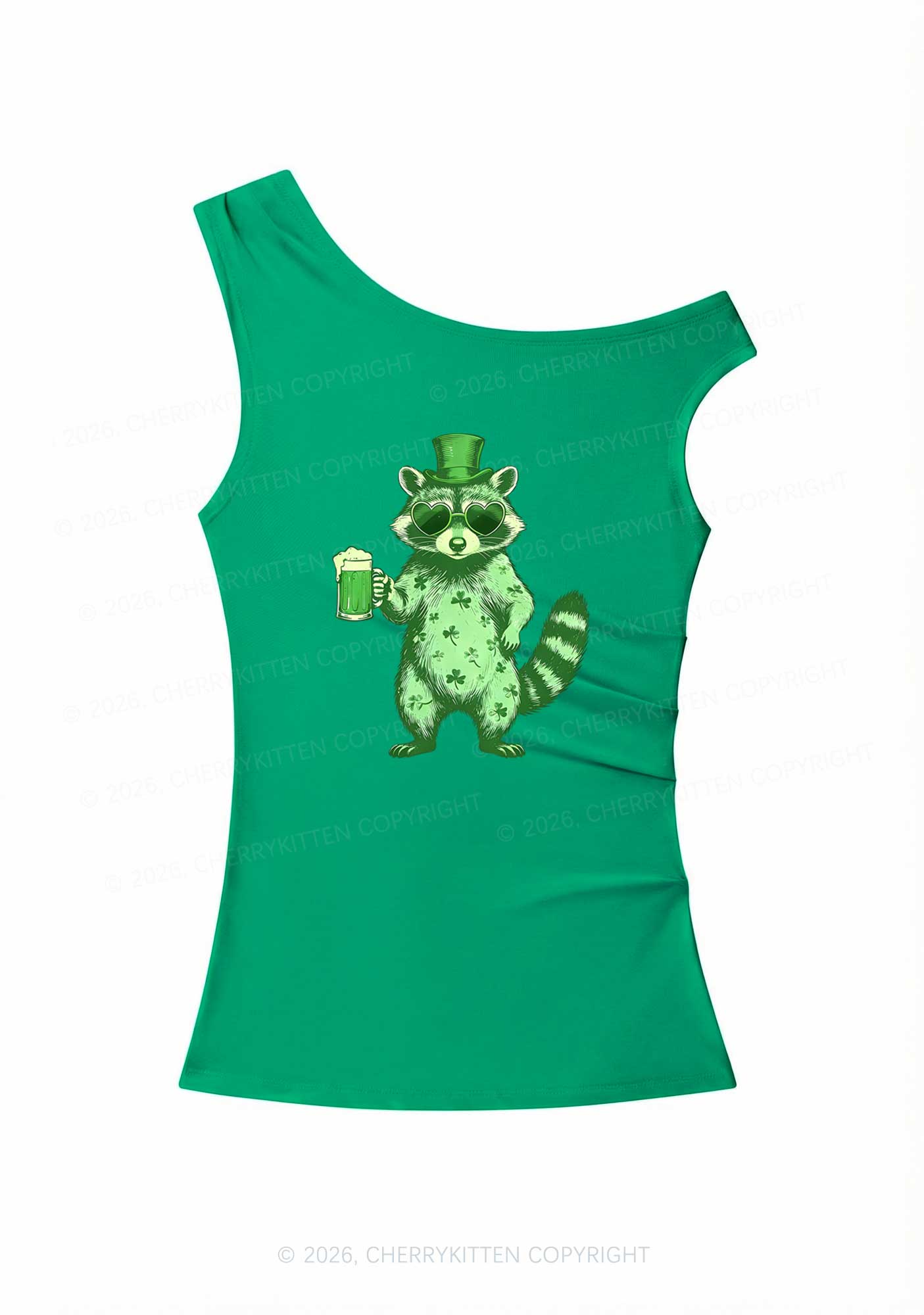 Green Feral Raccoon St Patricks Y2K Off Shoulder Tank Top Cherrykitten