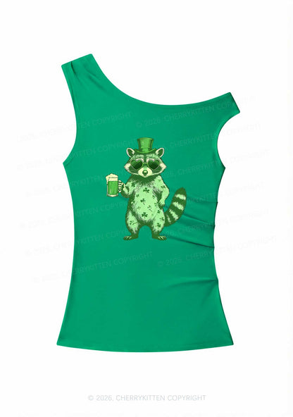 Green Feral Raccoon St Patricks Y2K Off Shoulder Tank Top Cherrykitten