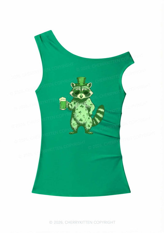 Green Feral Raccoon St Patricks Y2K Off Shoulder Tank Top Cherrykitten