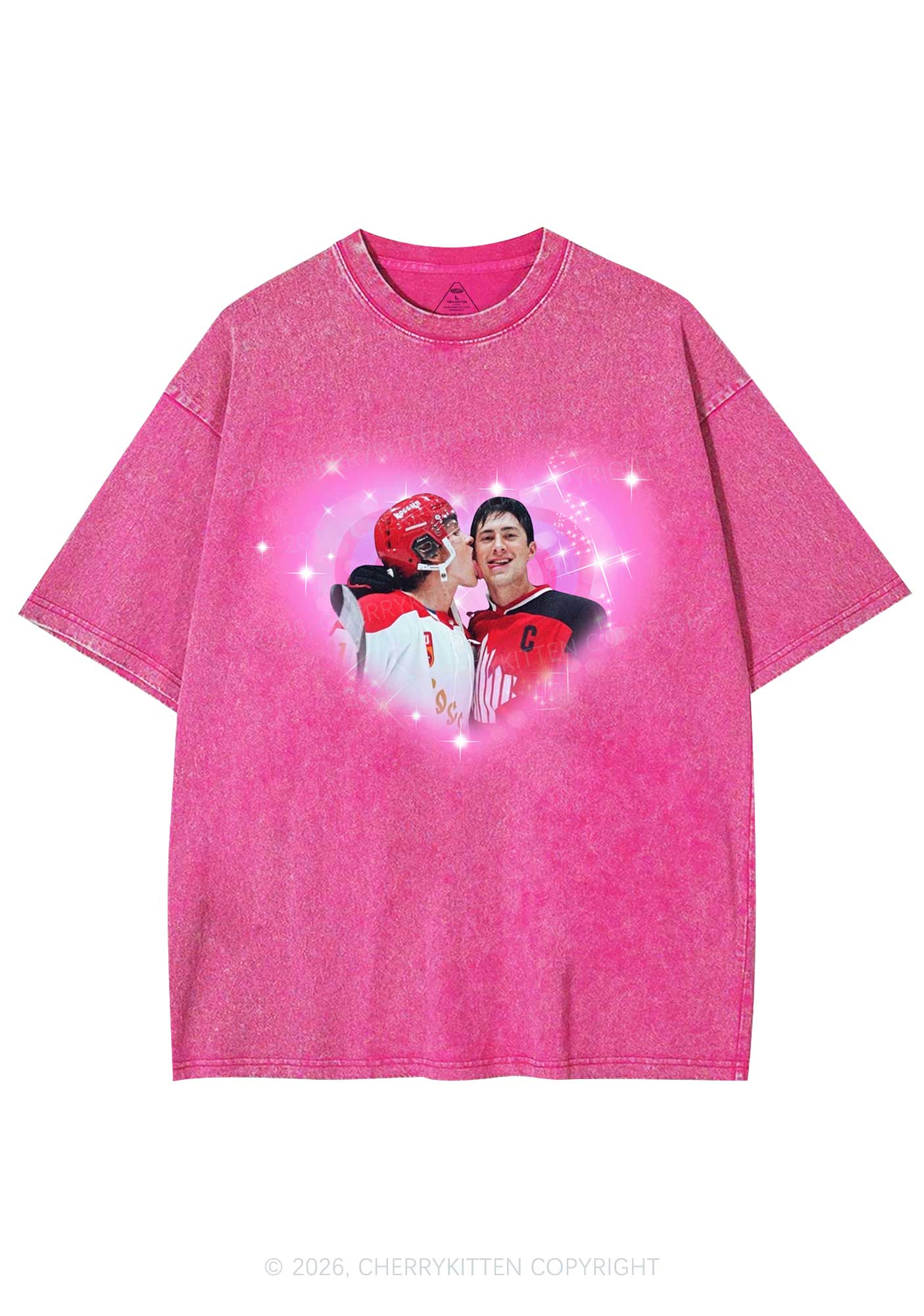 Sparkle Pink Heart Kissing Y2K Shirts Washed Tee Cherrykitten