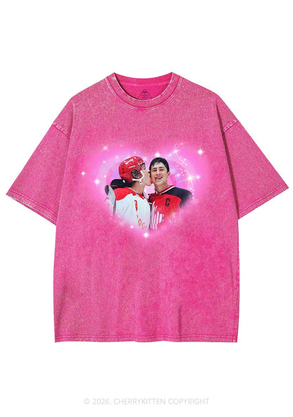 Sparkle Pink Heart Kissing Y2K Shirts Washed Tee Cherrykitten