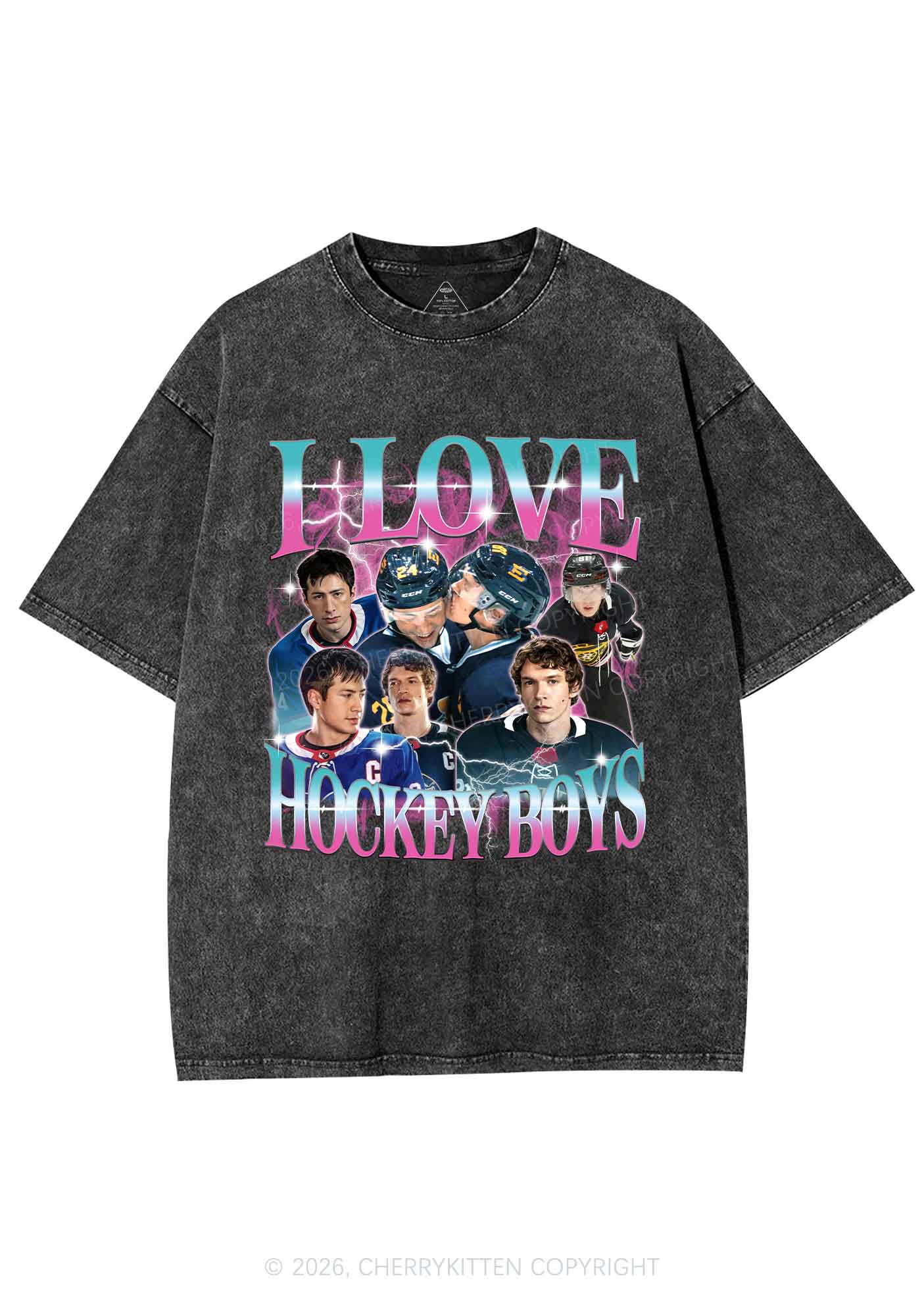 Pink Blue Gradient I Love Hockey Boys HR Y2K Shirts Washed Tee Cherrykitten