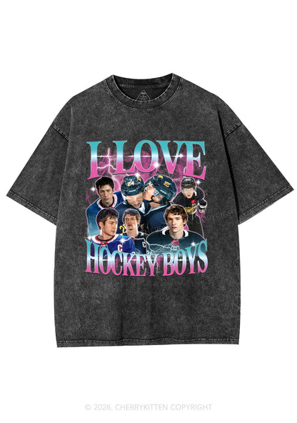 Pink Blue Gradient I Love Hockey Boys HR Y2K Shirts Washed Tee Cherrykitten
