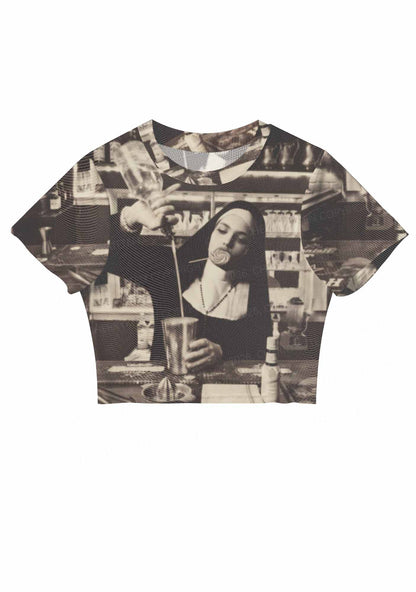 Nun Bartender Y2K Mesh Crop Top Cherrykitten