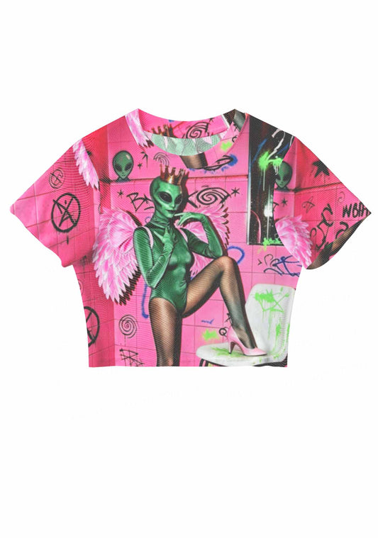 Alien Angel Graffiti Wall Y2K Mesh Crop Top Cherrykitten
