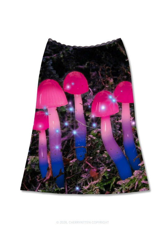 Bisexual Glowing Mushroom Pride Y2K Print Midi Skirt Cherrykitten