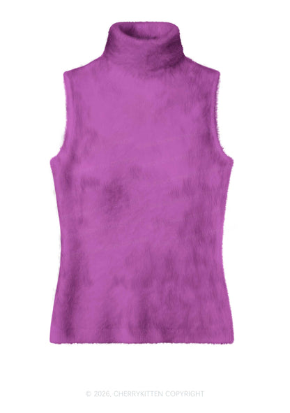 Plain Purple Y2K Knit Turtleneck Tank Top Cherrykitten