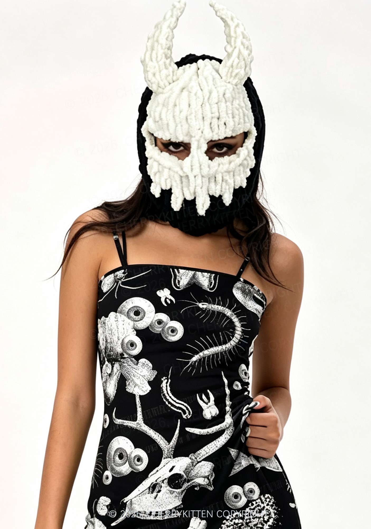 Halloween White Devil Horn Y2K Knitted Balaclava Cherrykitten