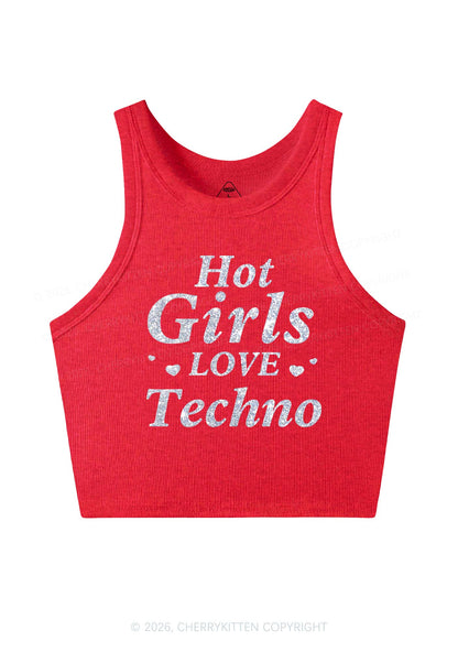 Glitter Hot Girls Love Techno Y2K Crop Tank Top Cherrykitten