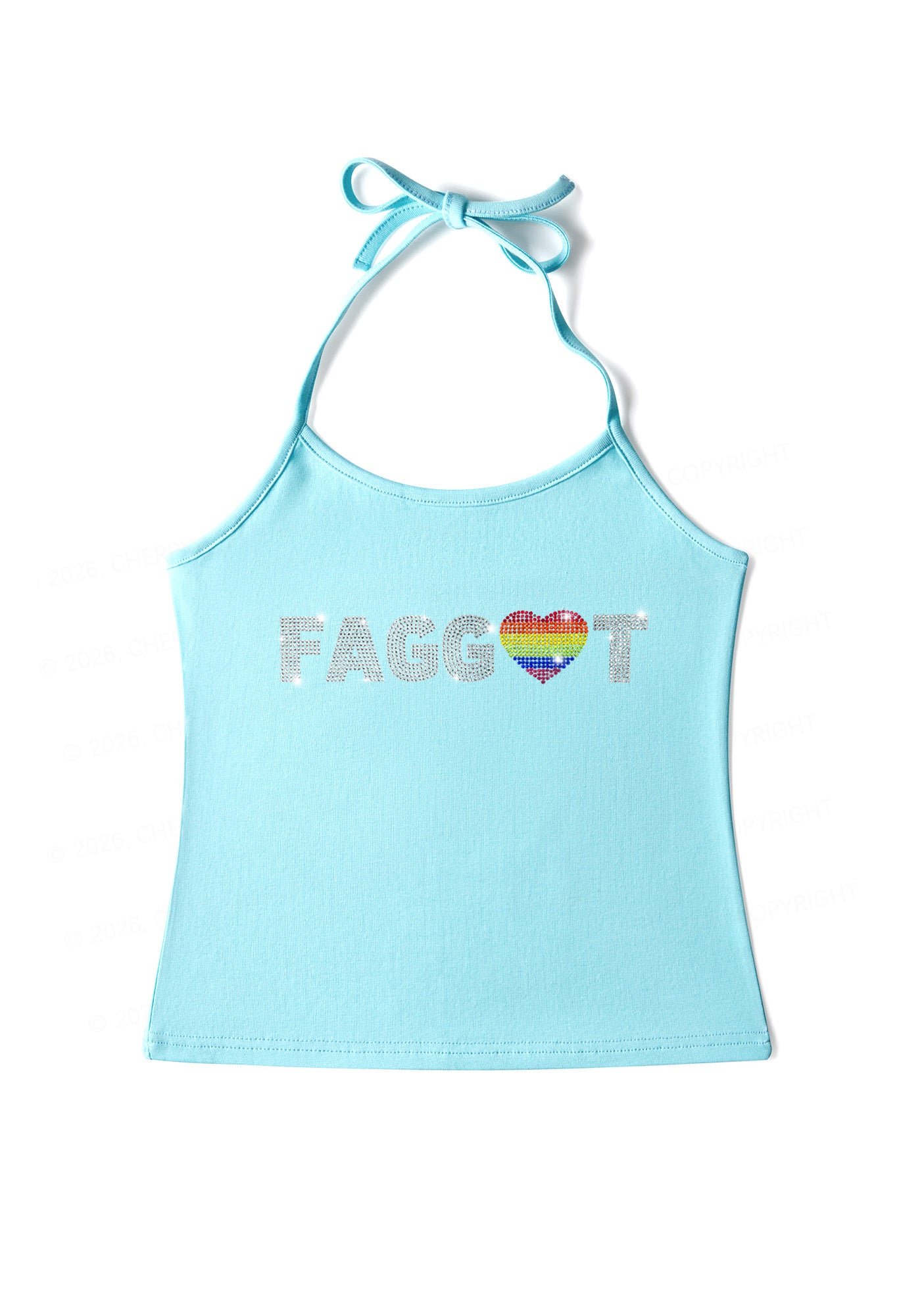 Rhinestone Rainbow Heart Faggot Pride Y2K Halter Neck Cami Cherrykitten