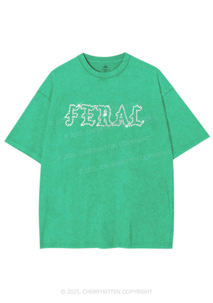 Rhinestone Feral Y2K Shirts Washed Tee Cherrykitten