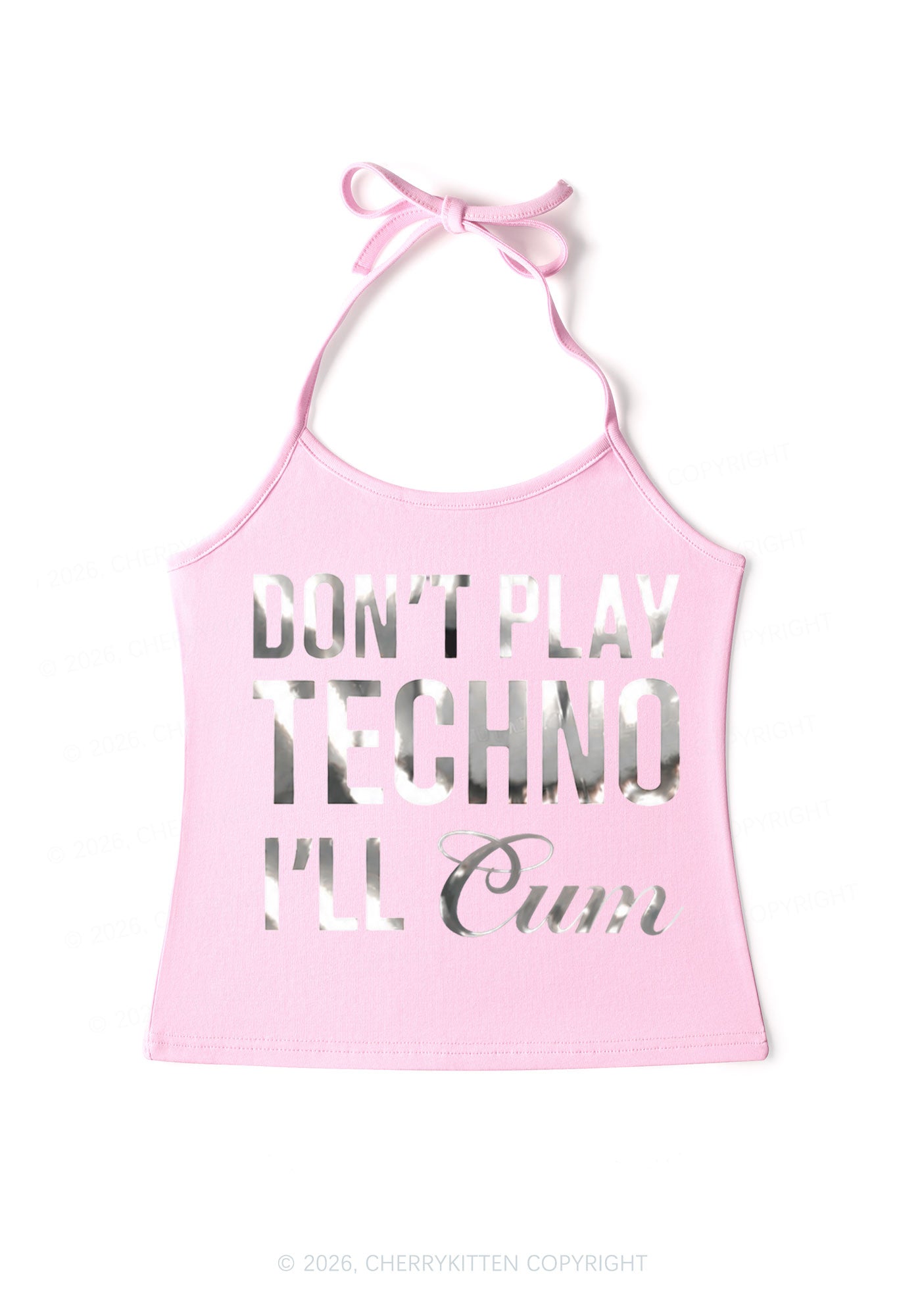 Dont Play Techno Silver Foil Printed Y2K Halter Neck Cami Cherrykitten