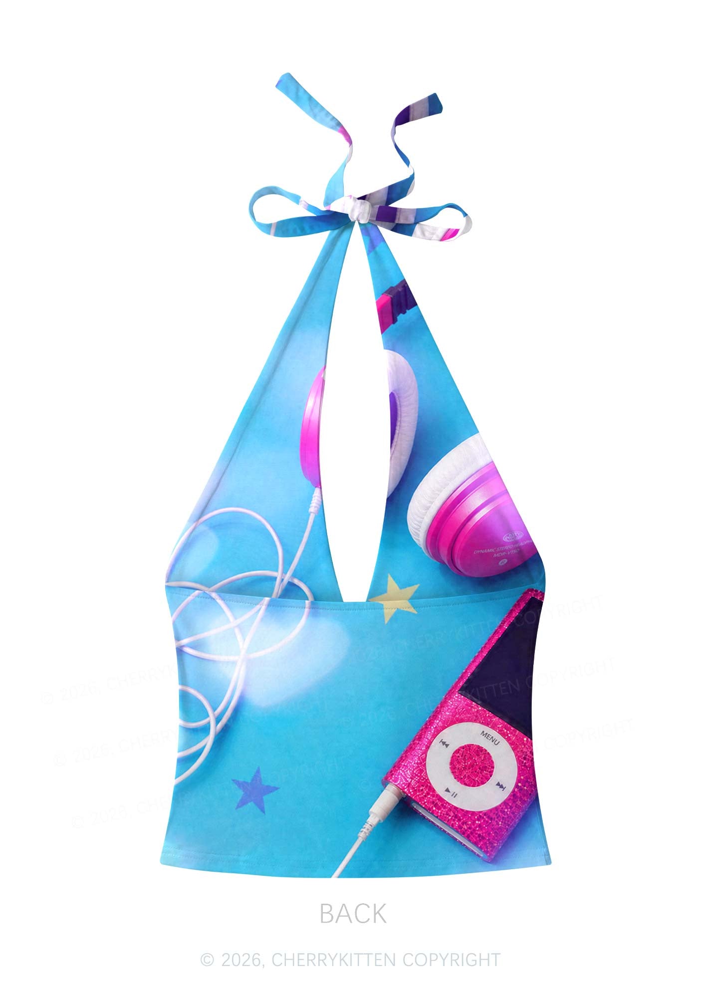 Retro Pink Headphone Y2K Print Halter Deep V Neck Cami Cherrykitten