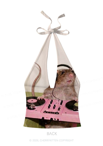 Dj Rat Pink Turntable Y2K Print Halter Deep V Neck Cami Cherrykitten
