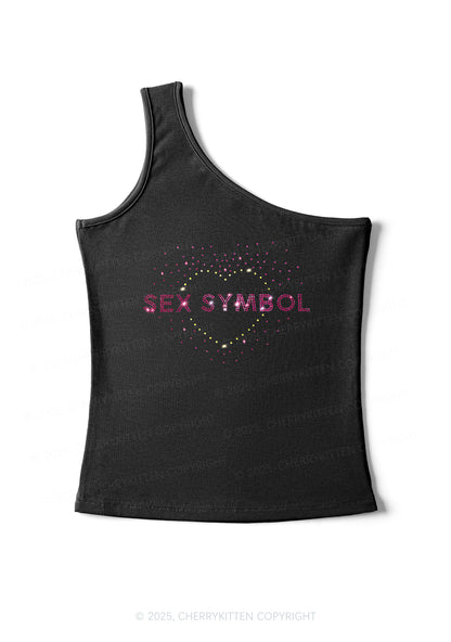 Rhinestone Sx Symbol Y2K One Shoulder Tank Top Cherrykitten