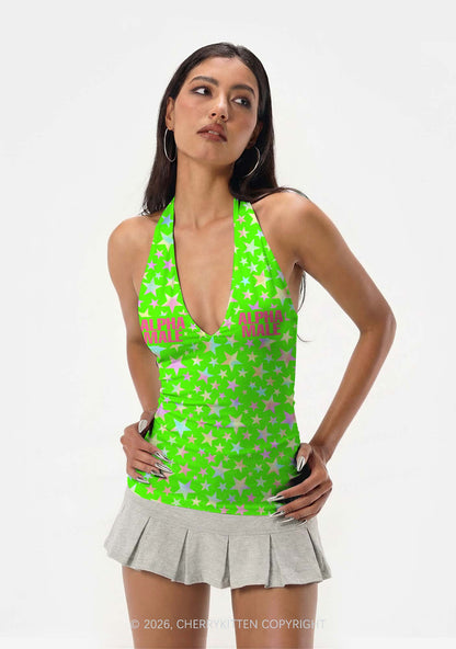 Green Alpha Male Y2K Print Halter Deep V Neck Cami Cherrykitten