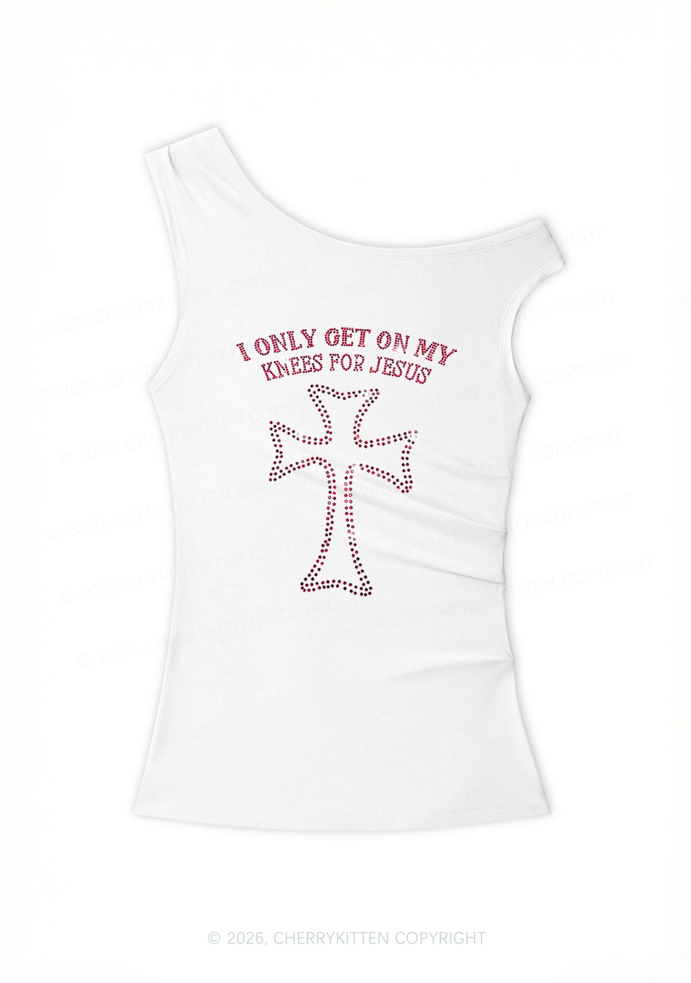 Rhinestone Get On Knees For Jesus Y2K Off Shoulder Tank Top Cherrykitten