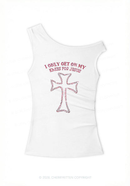 Rhinestone Get On Knees For Jesus Y2K Off Shoulder Tank Top Cherrykitten