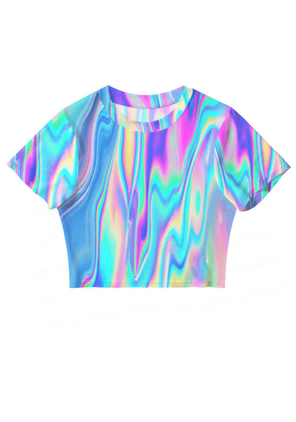 Holographic Iridescent Swirl Y2K Mesh Crop Top Cherrykitten