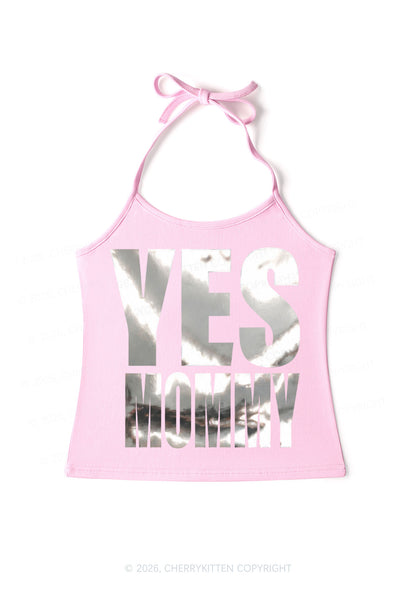 Yes Mommy Silver Foil Printed Y2K Halter Neck Cami Cherrykitten