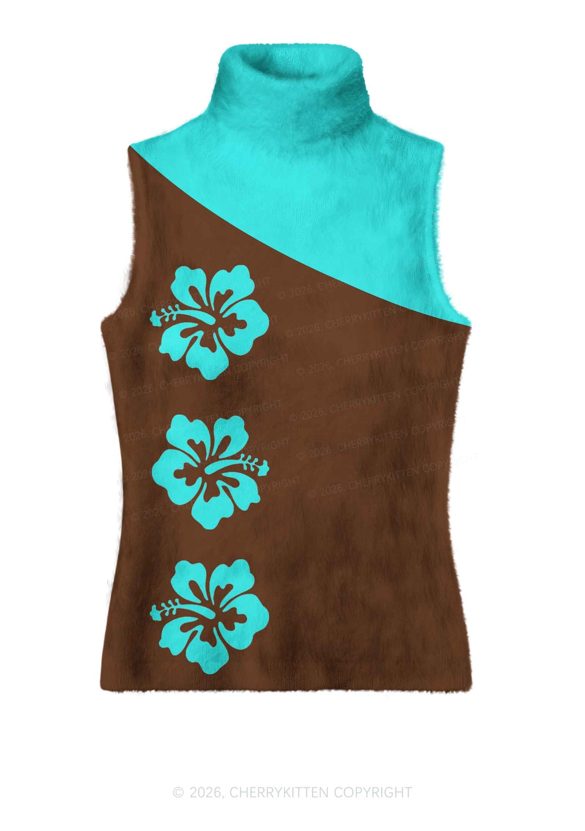 Mint Green Hibiscus On Brown Y2K Knit Turtleneck Tank Top Cherrykitten