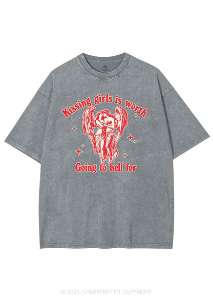 Kissing Girls To Hell Pride Y2K Shirts Washed Tee Cherrykitten