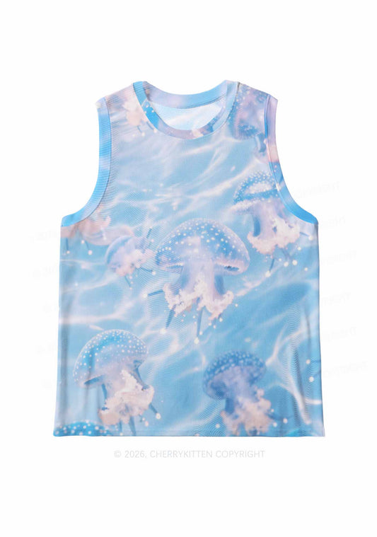 Blue Ocean Jellyfish Y2K Mesh Muscle Tank Cherrykitten