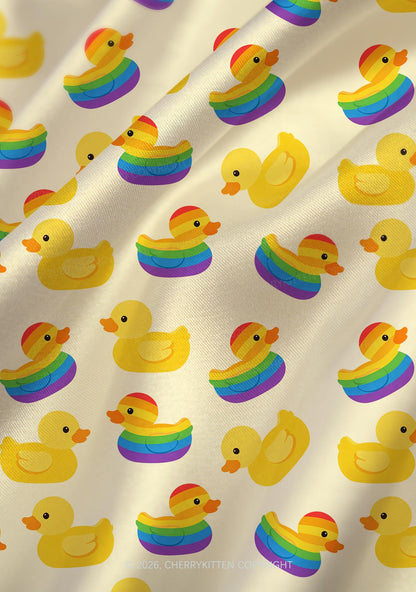 Rainbow Ducks Pride  Y2K Print Satin Cowl Neck Slip Dress Cherrykitten