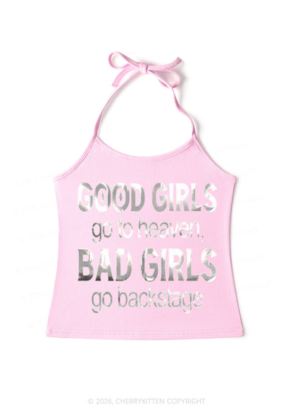 Bad Girls Go Backstage Silver Foil Printed Y2K Halter Neck Cami Cherrykitten