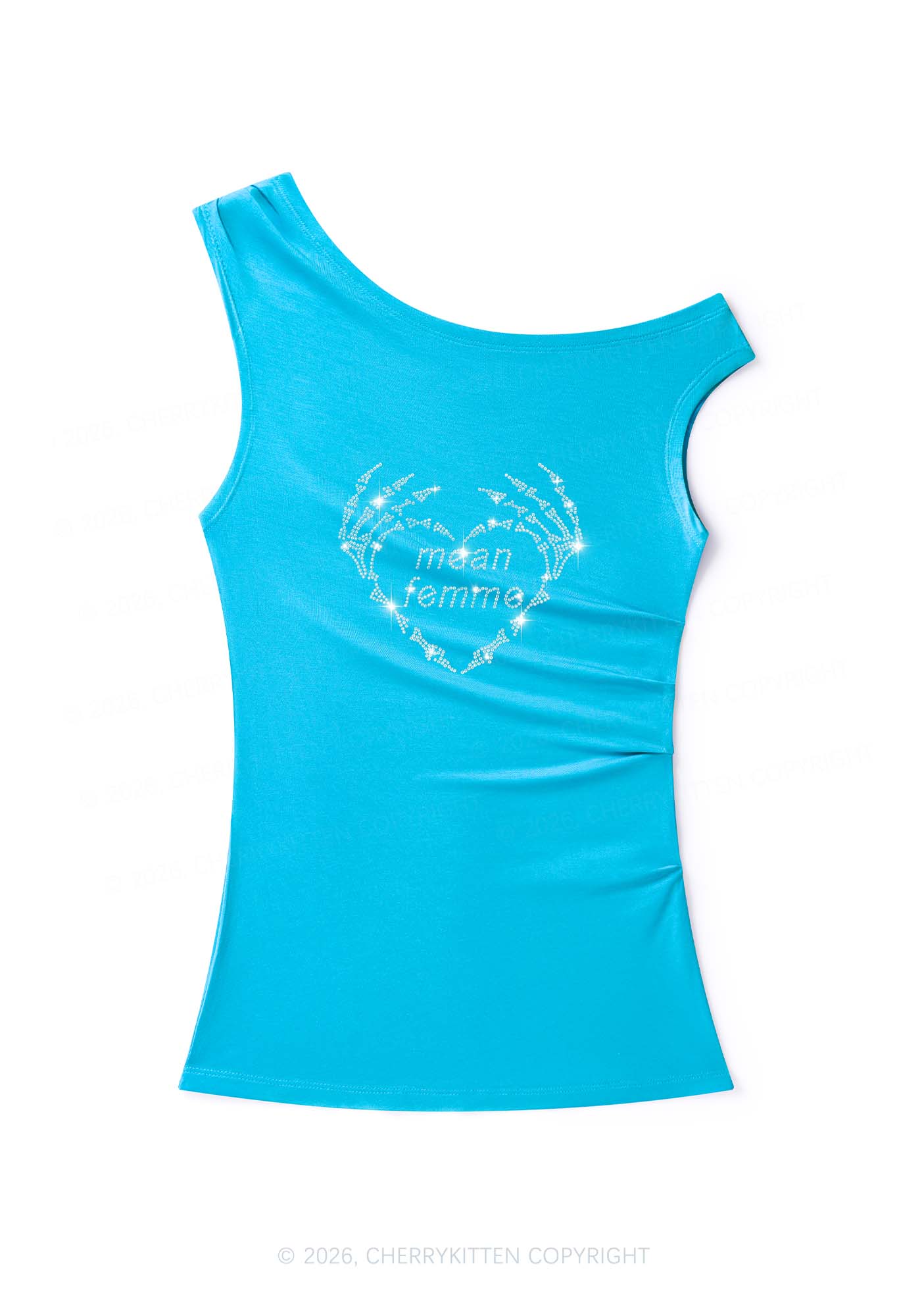 Rhinestone Mean Femme Skeleton Heart Pride Y2K Off Shoulder Tank Top Cherrykitten