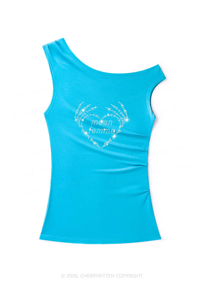 Rhinestone Mean Femme Skeleton Heart Pride Y2K Off Shoulder Tank Top Cherrykitten