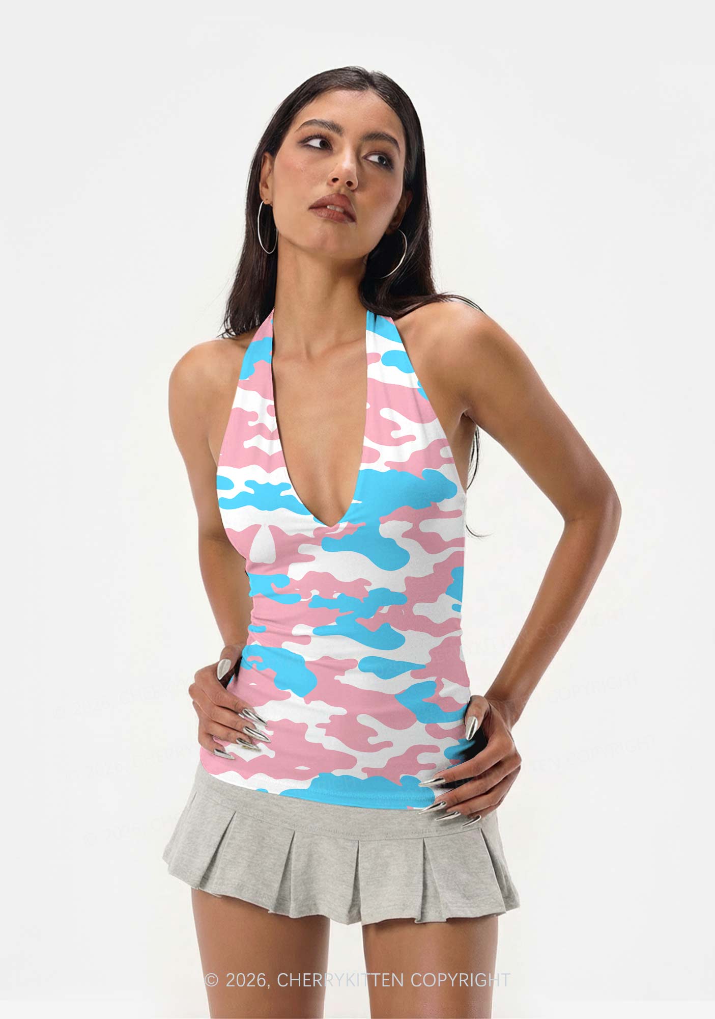 Trans Camouflage Pride Y2K Print Halter Deep V Neck Cami Cherrykitten